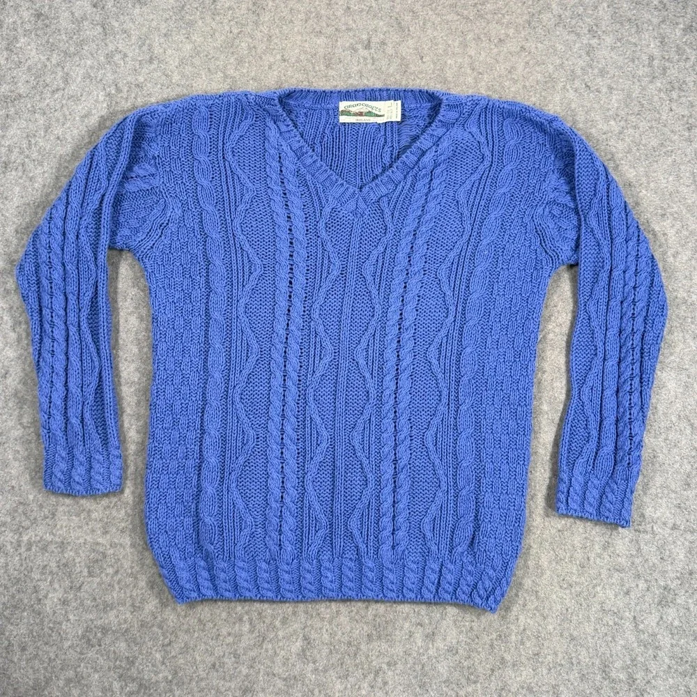 Aran Crafts Ireland Periwinkle Cable‎ Knit V-Neck Sweater Women's Size Large